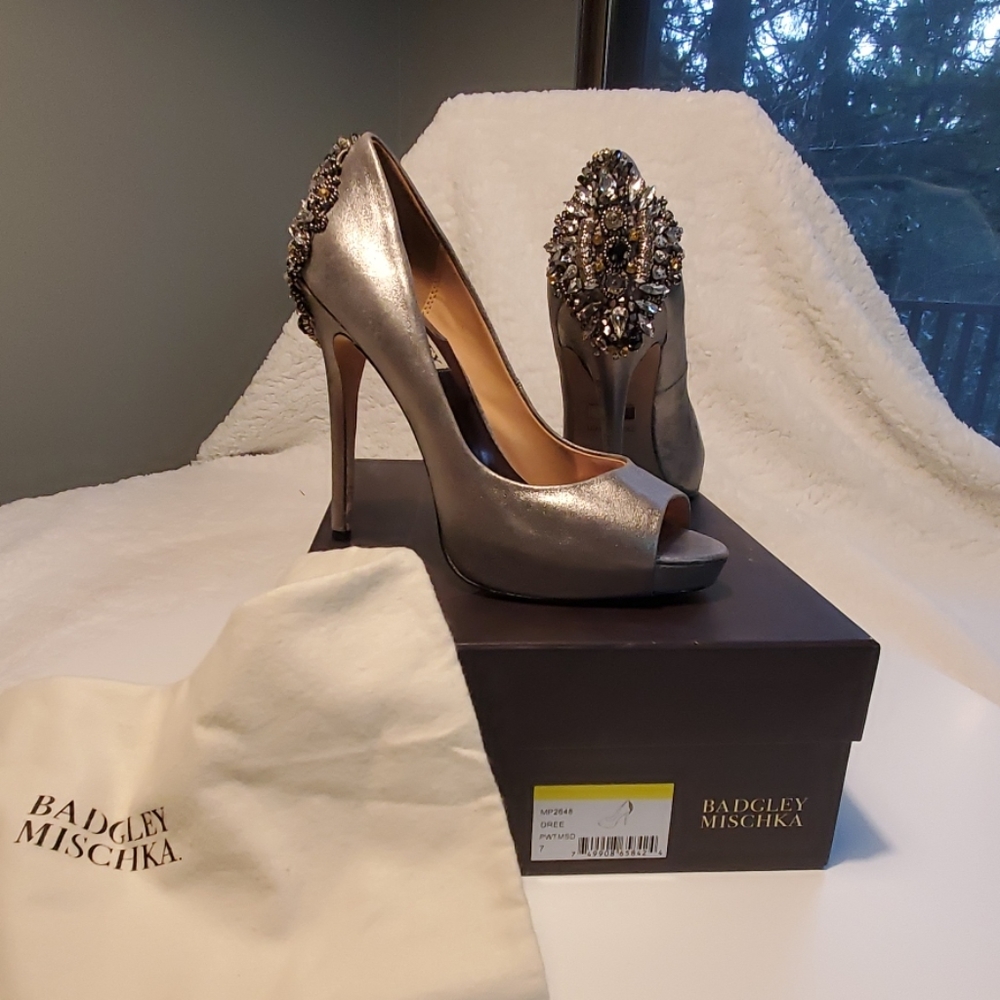 Metallic Suede, Crystal Back, Silver peep toe